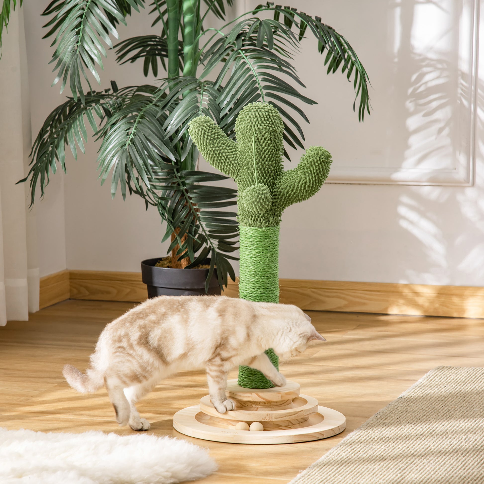 Pawhut Rascador Cactus Para Gatos Con Bola Colgante Y Juego En La Base De Madera_1