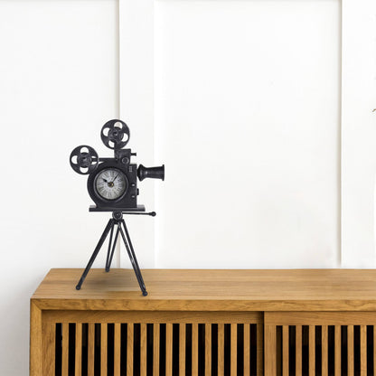 Well Home Reloj De Mesa Modelo Cámara De Peliculas En Metal Negro 29x22x53cm
