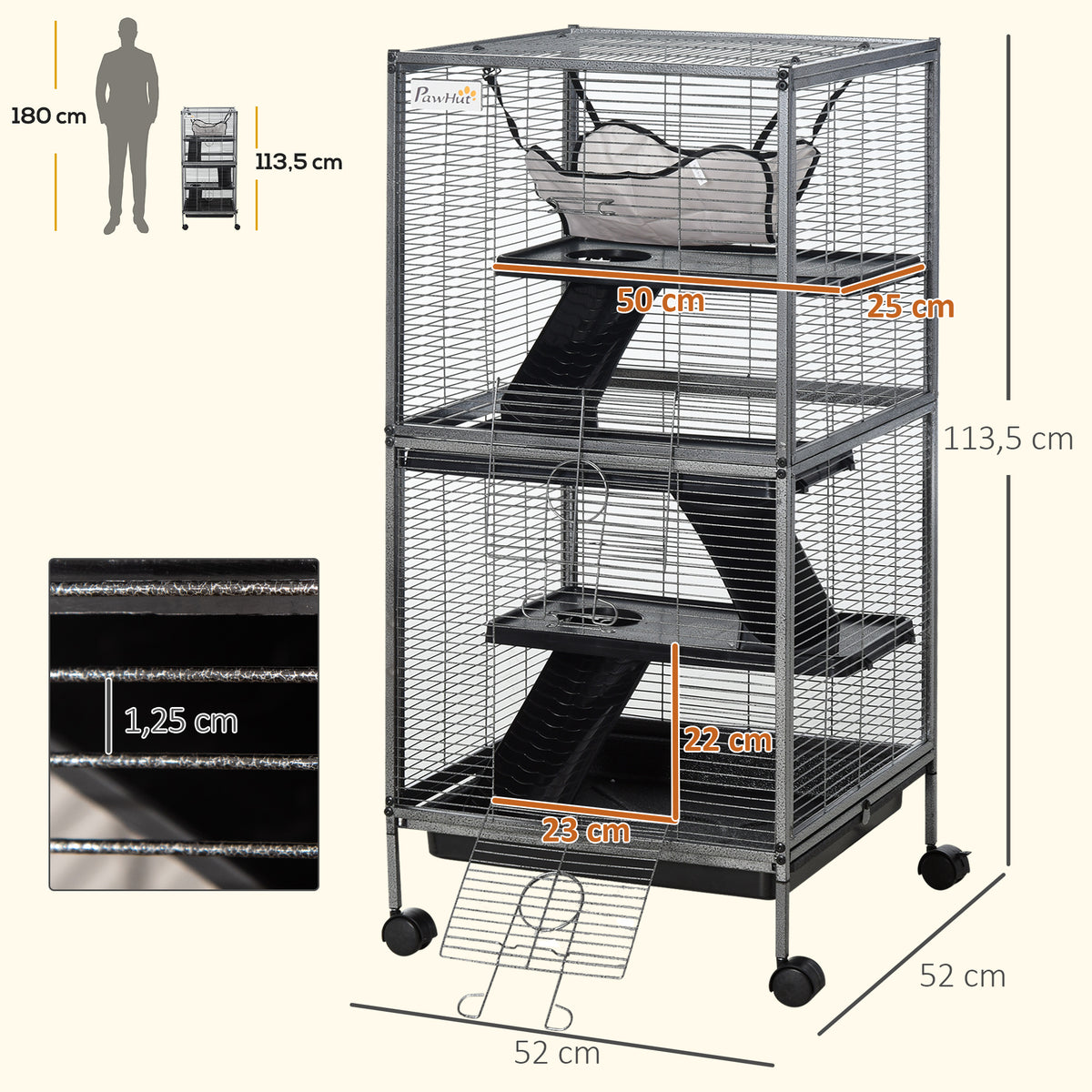 Pawhut Jaula Para Animales Pequeños De 4 Niveles Con Ruedas 52x52x113,5cm Gris_2
