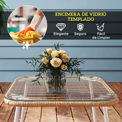 Outsunny Mesa De Jardín De Ratán Sintético Con Encimera De Vidrio Templado_4