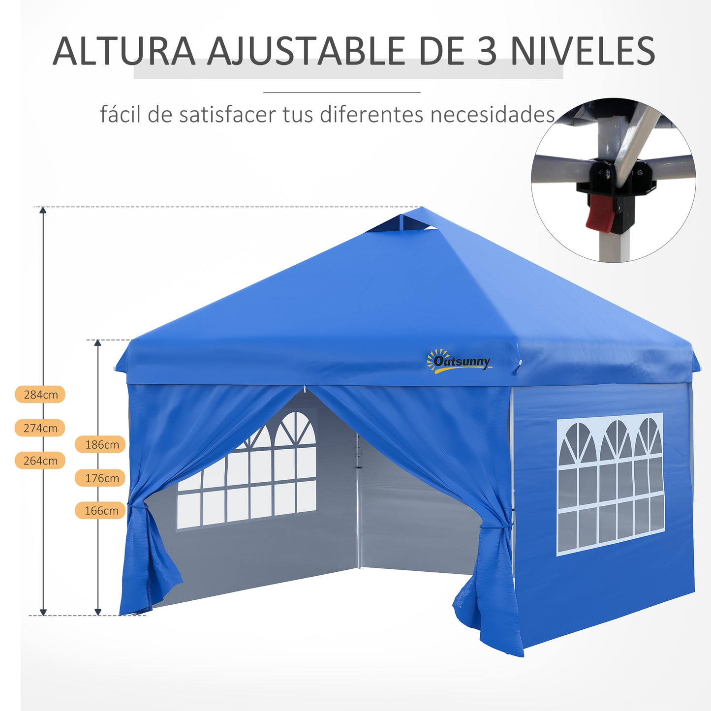 Outsunny Cenador De Jardín 3x3m Con Altura Ajustable 4 Paredes Extraíbles Azul_5