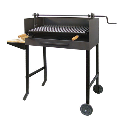 Barbacoa con ruedas, parrilla de acero inox. con elevador y bandeja lateral