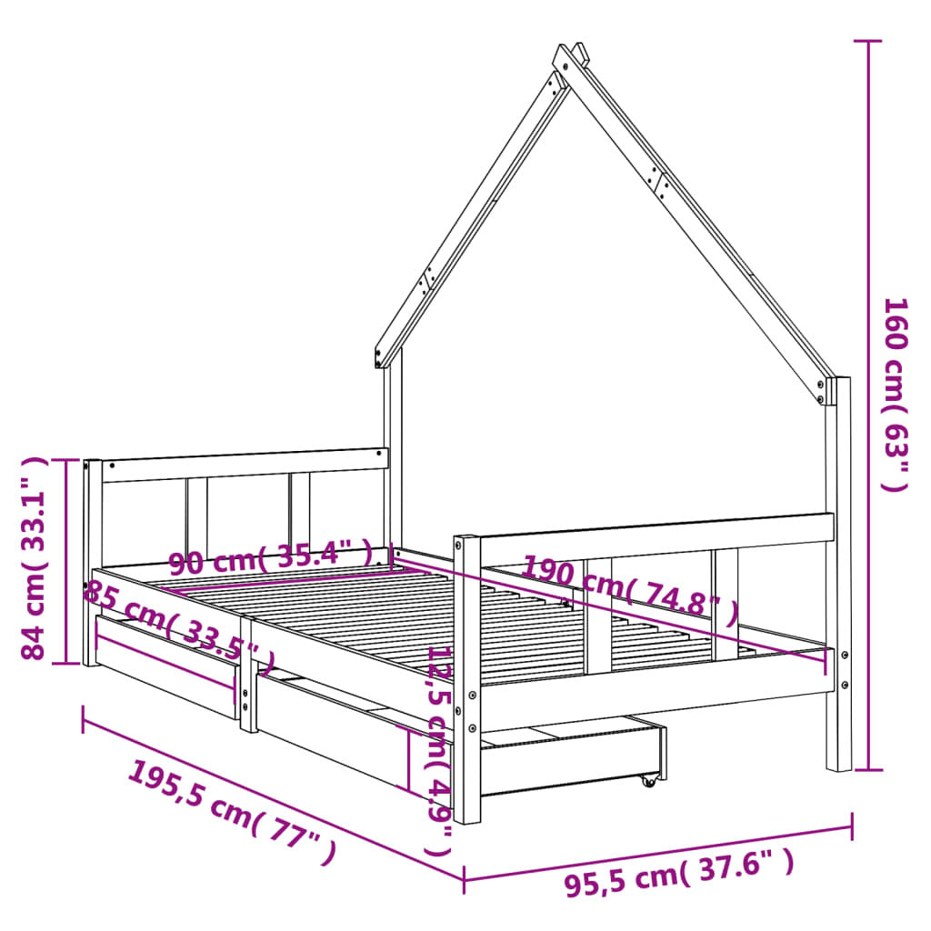 Vidaxl Estructura Cama Infantil Y Cajones Madera Pino Negro 90x190 Cm_2