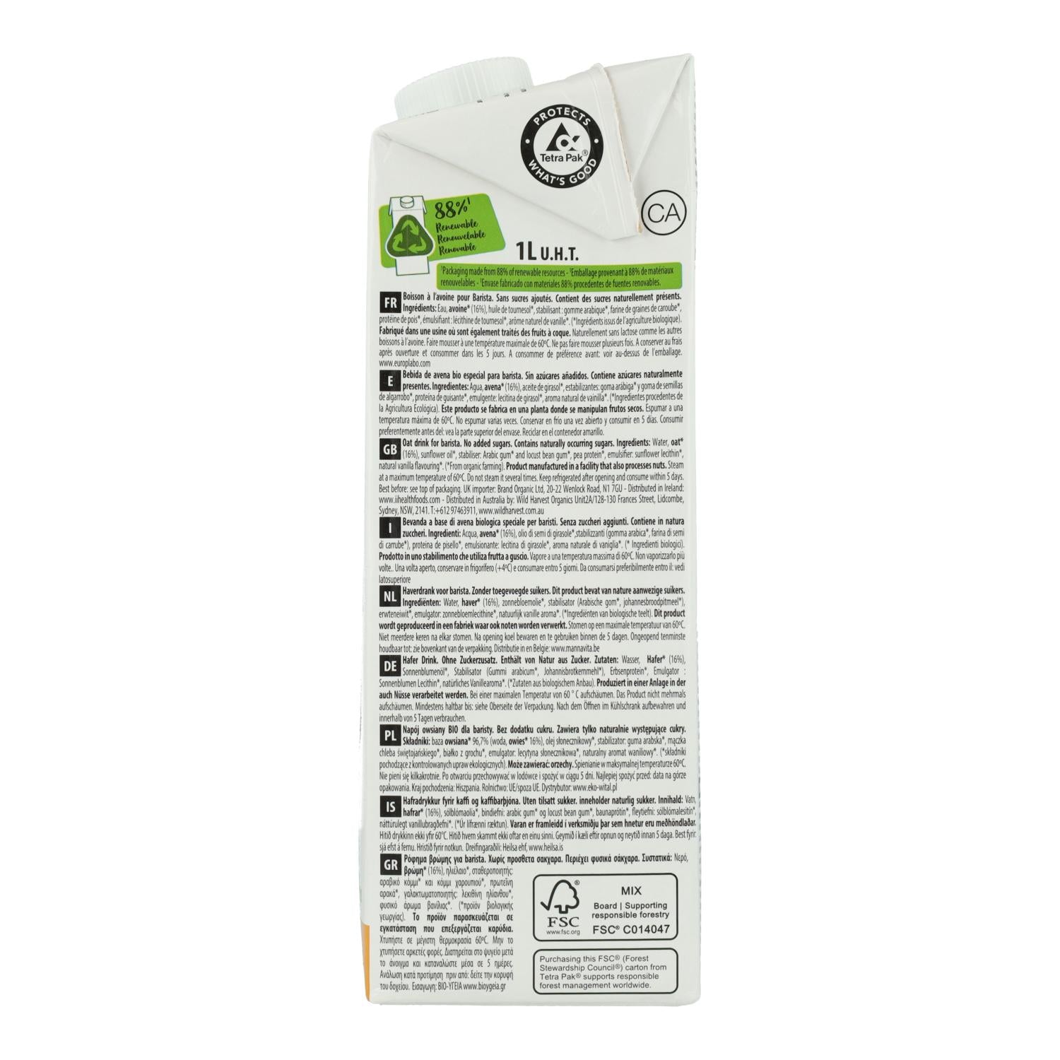 Bebida vegetal Barista Avena BIO EcoMil 1 L