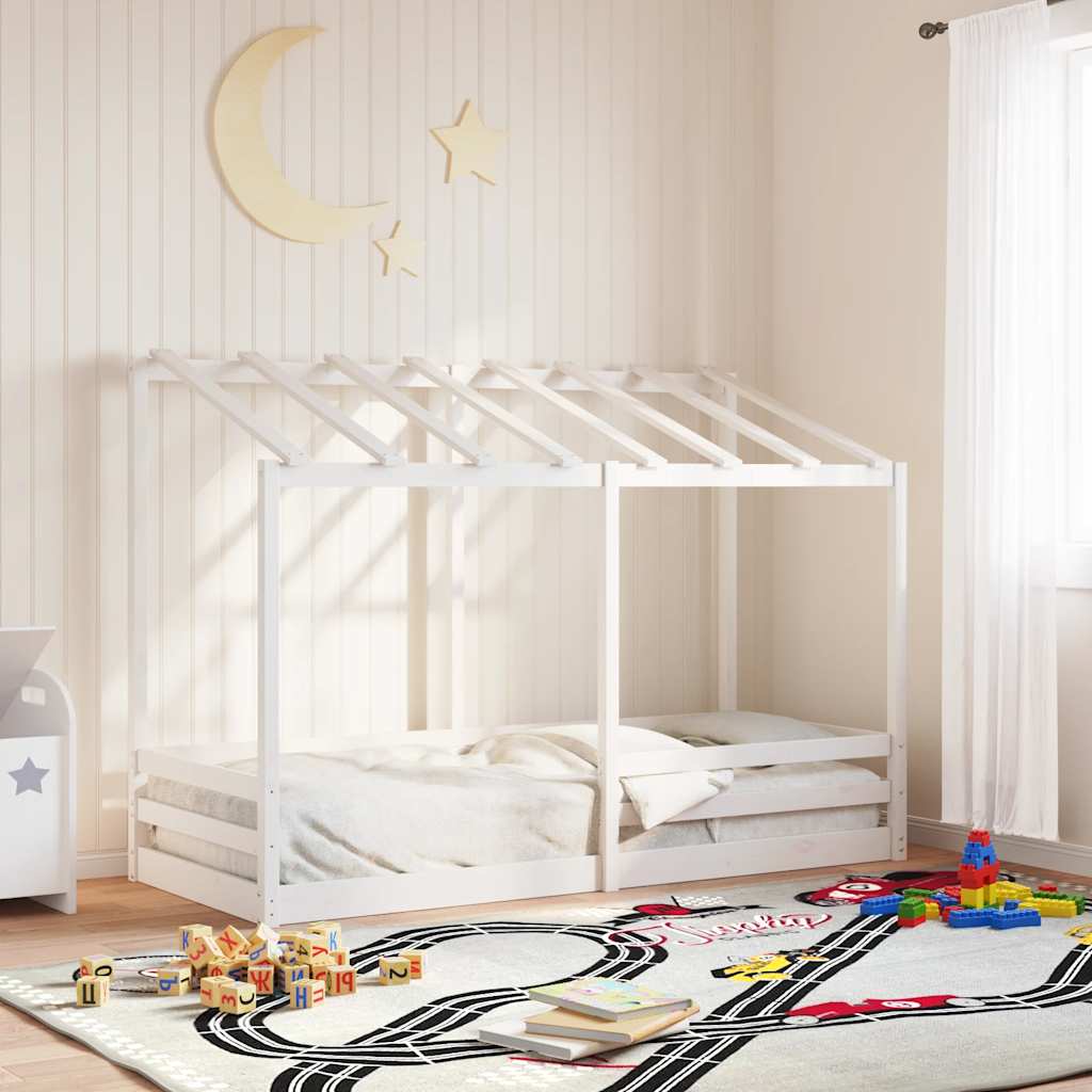 Cama Infantil Con Techo Madera Maciza Pino Blanco 75x190 Cm_1