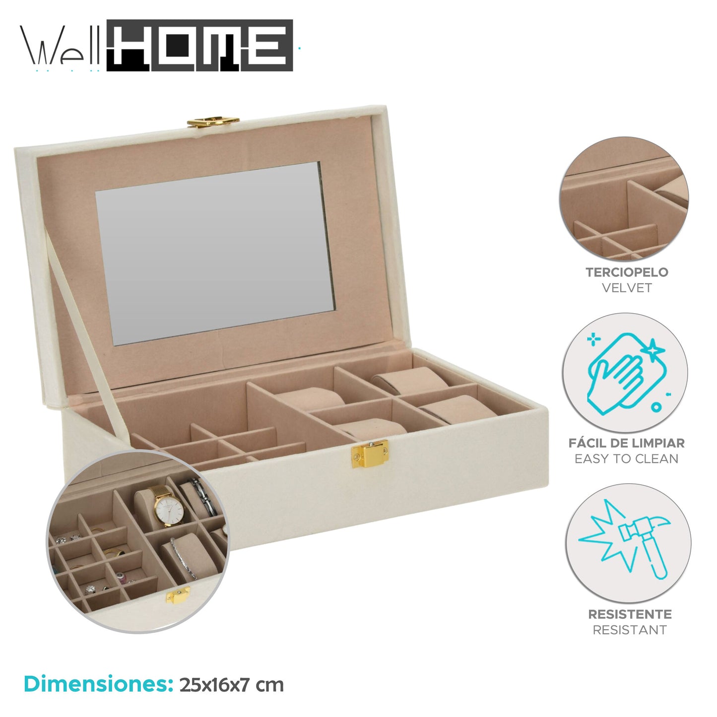 Well Home Caja Joyero Con Espejo Color Blanco 25x16x7cm