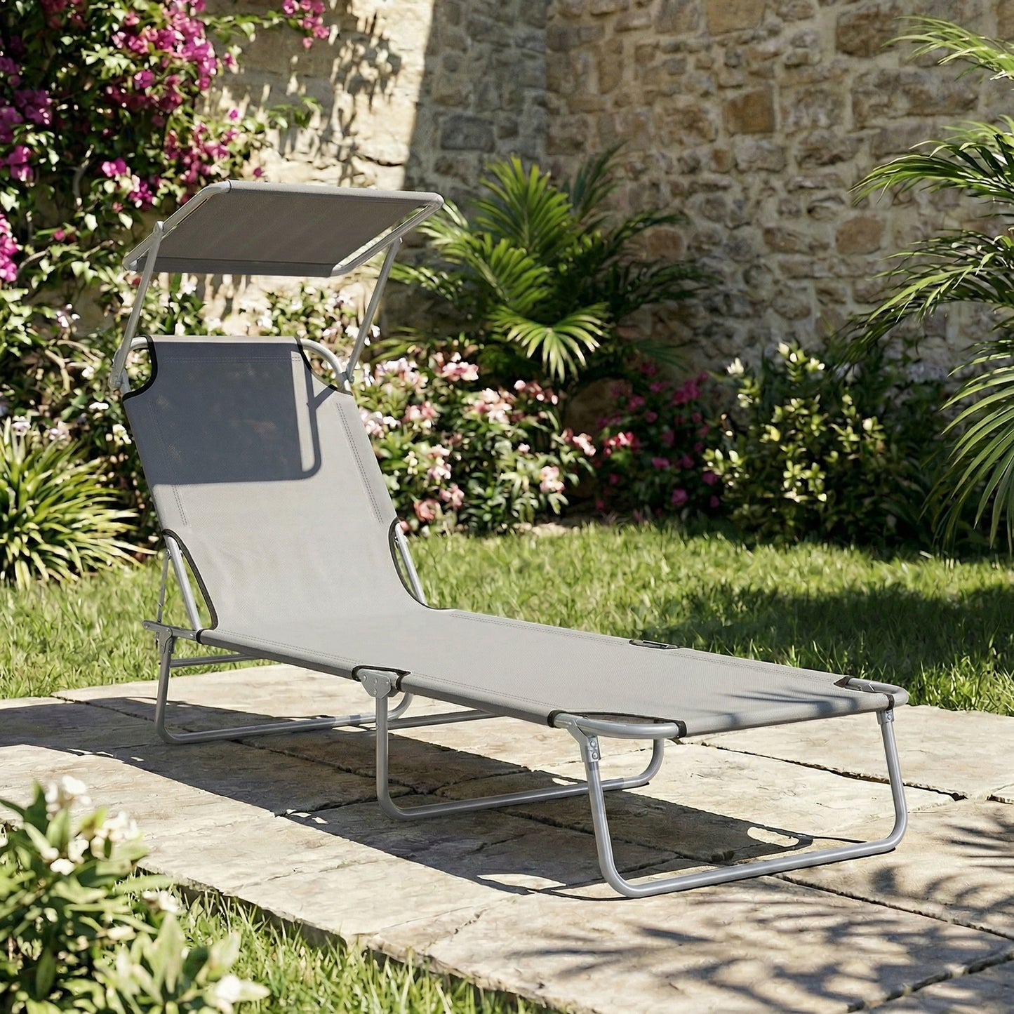 Outsunny Tumbona De Jardín Plegable Con Toldo Desmontable 187x58x36cm Gris Claro_1