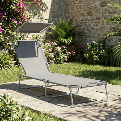 Outsunny Tumbona De Jardín Plegable Con Toldo Desmontable 187x58x36cm Gris Claro_1