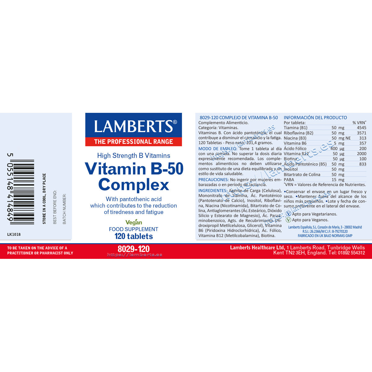Complejo de Vitaminas B-50 Lamberts 120 tabletas