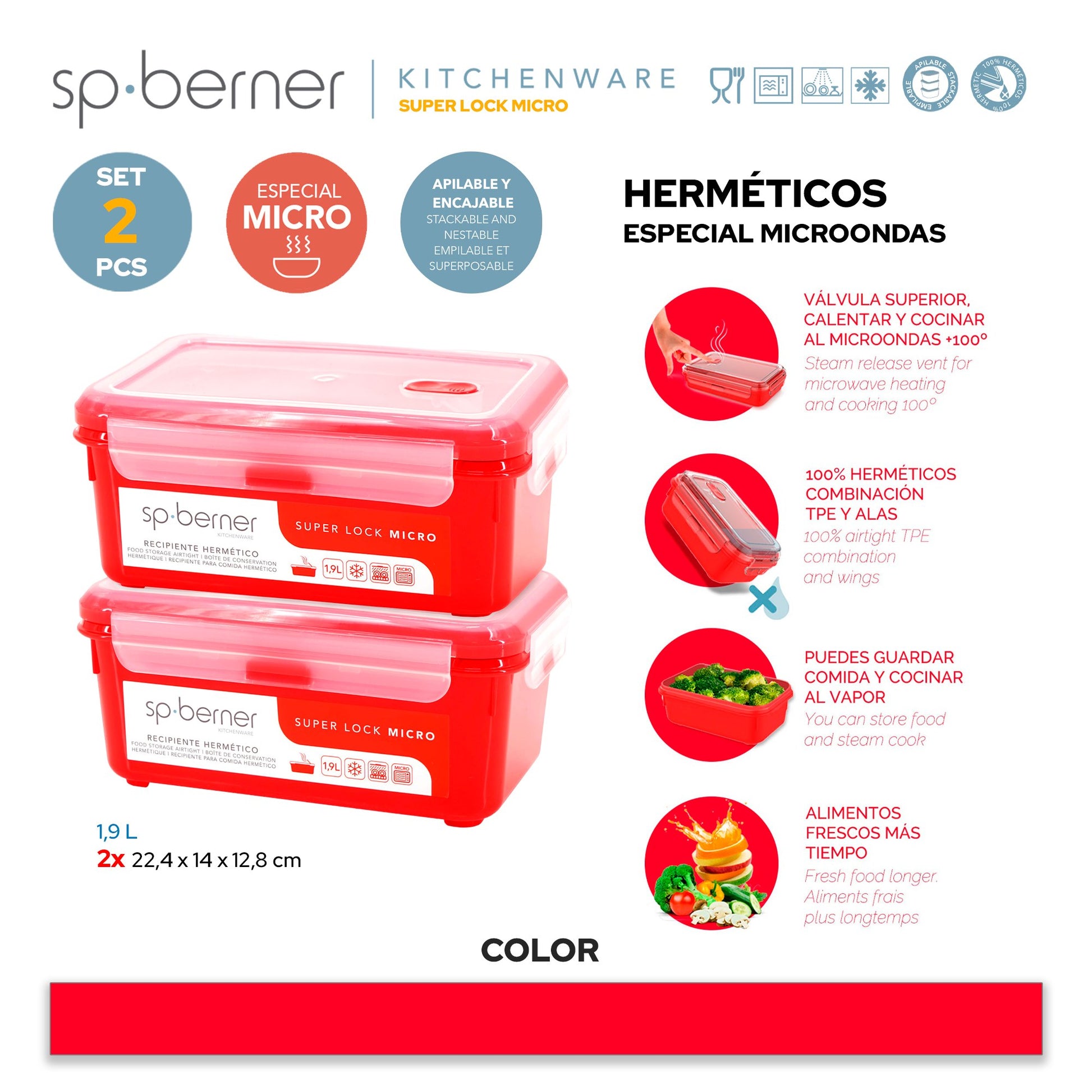 2x Herméticos Super Lock Micro 1,9 L., Aptos Para Cocinar Al Vapor En El Microondas, Ideal Transporte Y Almacenamiento De Alimentos, Cierre Clip