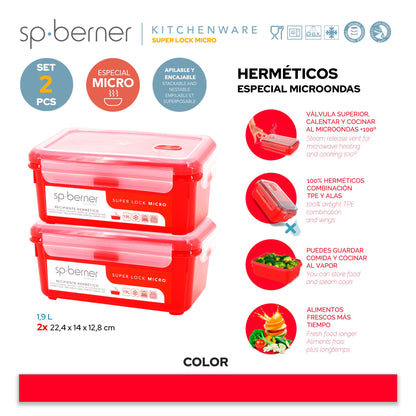 2x Herméticos Super Lock Micro 1,9 L., Aptos Para Cocinar Al Vapor En El Microondas, Ideal Transporte Y Almacenamiento De Alimentos, Cierre Clip
