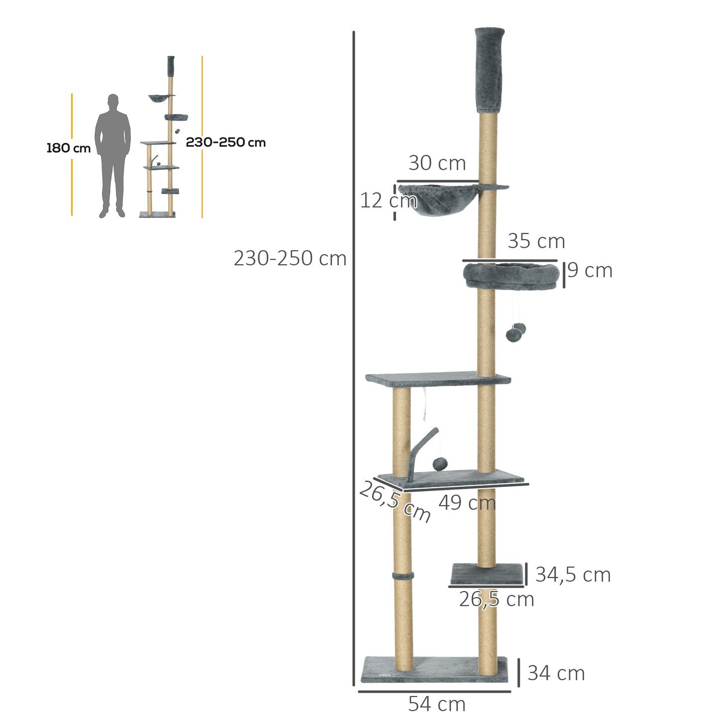 Pawhut Árbol Para Gatos De Suelo A Techo De 230-250cm Con Altura Ajustable Gris_2
