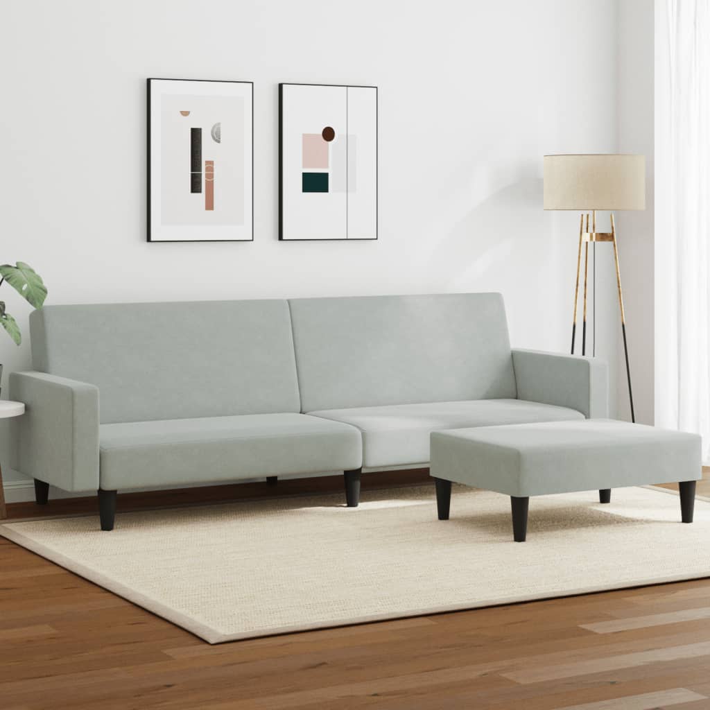 Sofá Cama De 2 Plazas Con Taburete Terciopelo Gris Claro / Vetonek_2