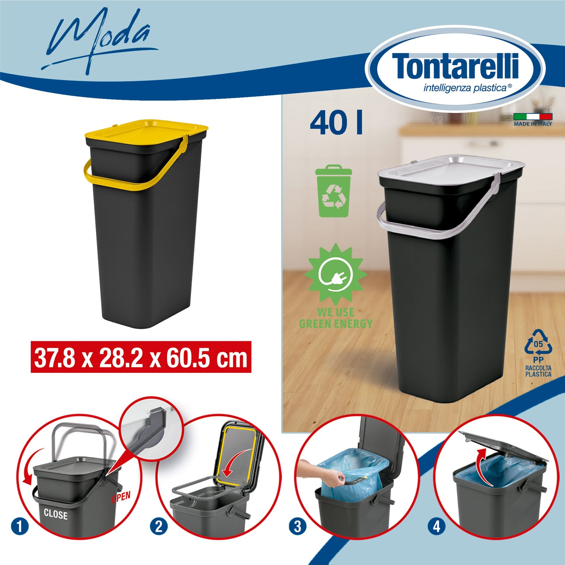 Papelera moda 40l Con Asa (cubo Negro-tapa Ámbar)