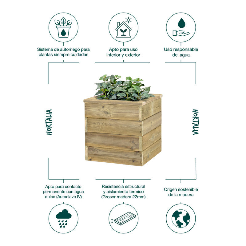 Jardinera De Madera Con Autorriego 40x40x40 Cm Nidum Basic Hortalia_4
