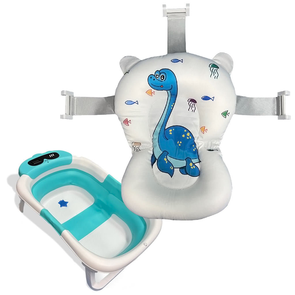 Bathby Bañera Plegable Para Bebés Recién Nacidos, Cojín Dinosaurio, Termómetro, Patas Antideslizantes (azul Dinosaurio)_1