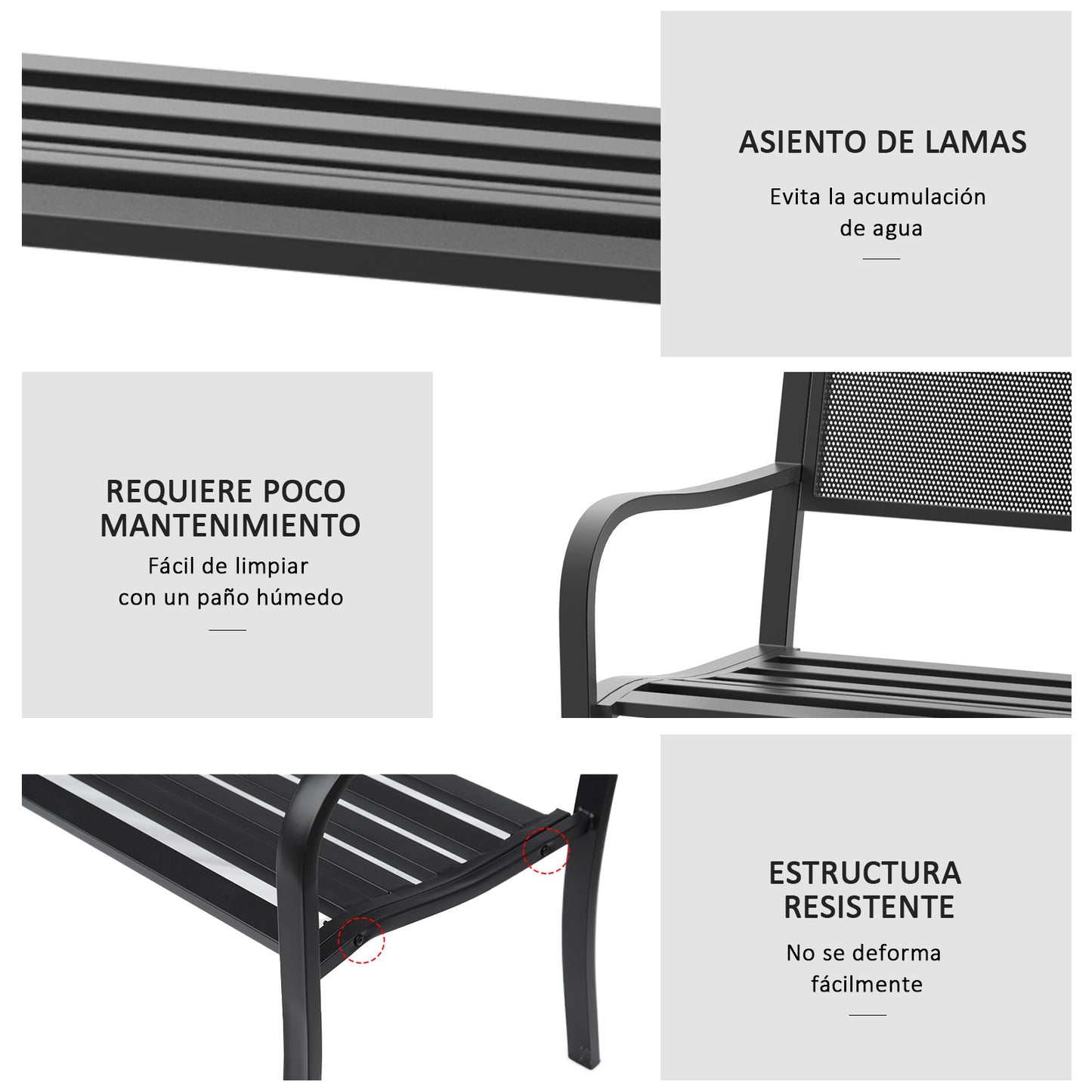 Outsunny Banco De Jardín De 2 Plazas Carga 240 Kg Para Patio 127x60x87 Cm Negro_4
