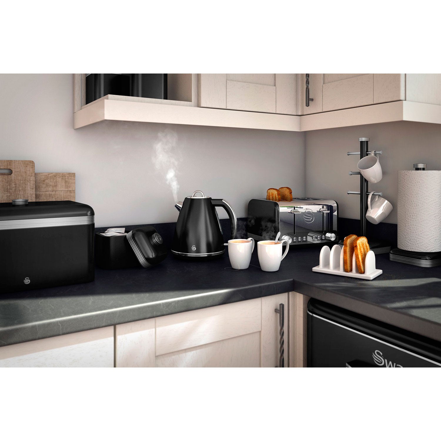 Retro Set 3 Botes Metálicos De Almacenamiento, 1 L, Acero Lacado, Especias, Té ,café, Vintage Swan Swka1020bn, Negro