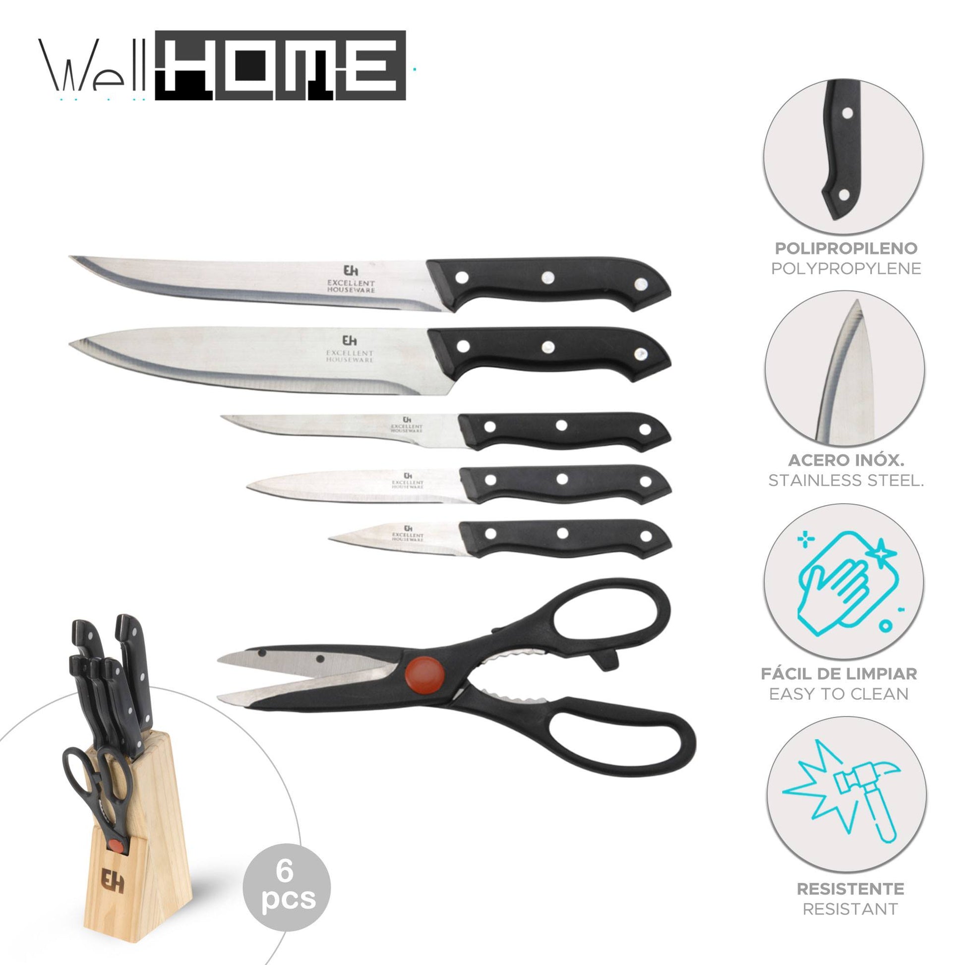 Well Home Juego De Cuchillos 6pcs En Acero Con Tacoma De Madera_1