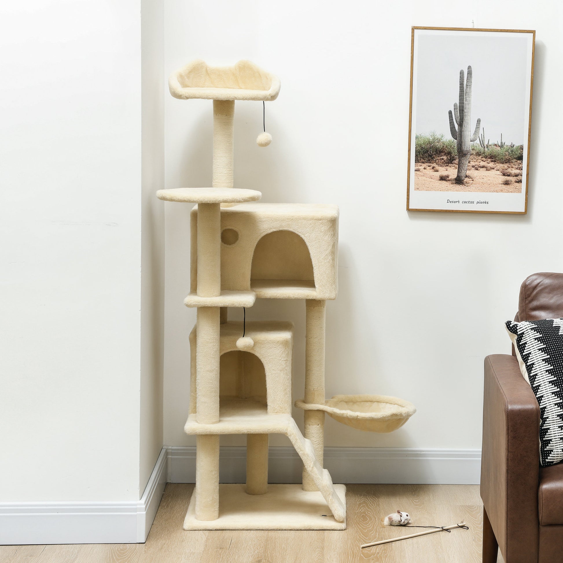 Pawhut Árbol Rascador Para Gatos 140 Cm Con Múltiples Plataformas Beige_1