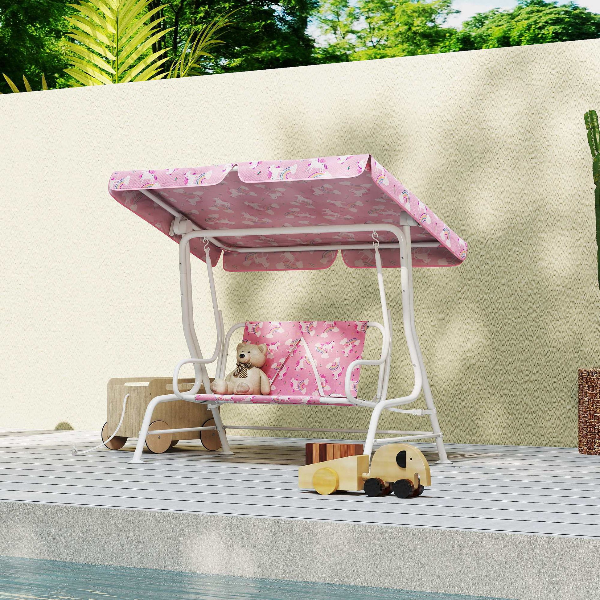 Aiyaplay Columpio Jardín Para Niños De 2 Plazas Toldo Diseño De Unicornio Rosa_1