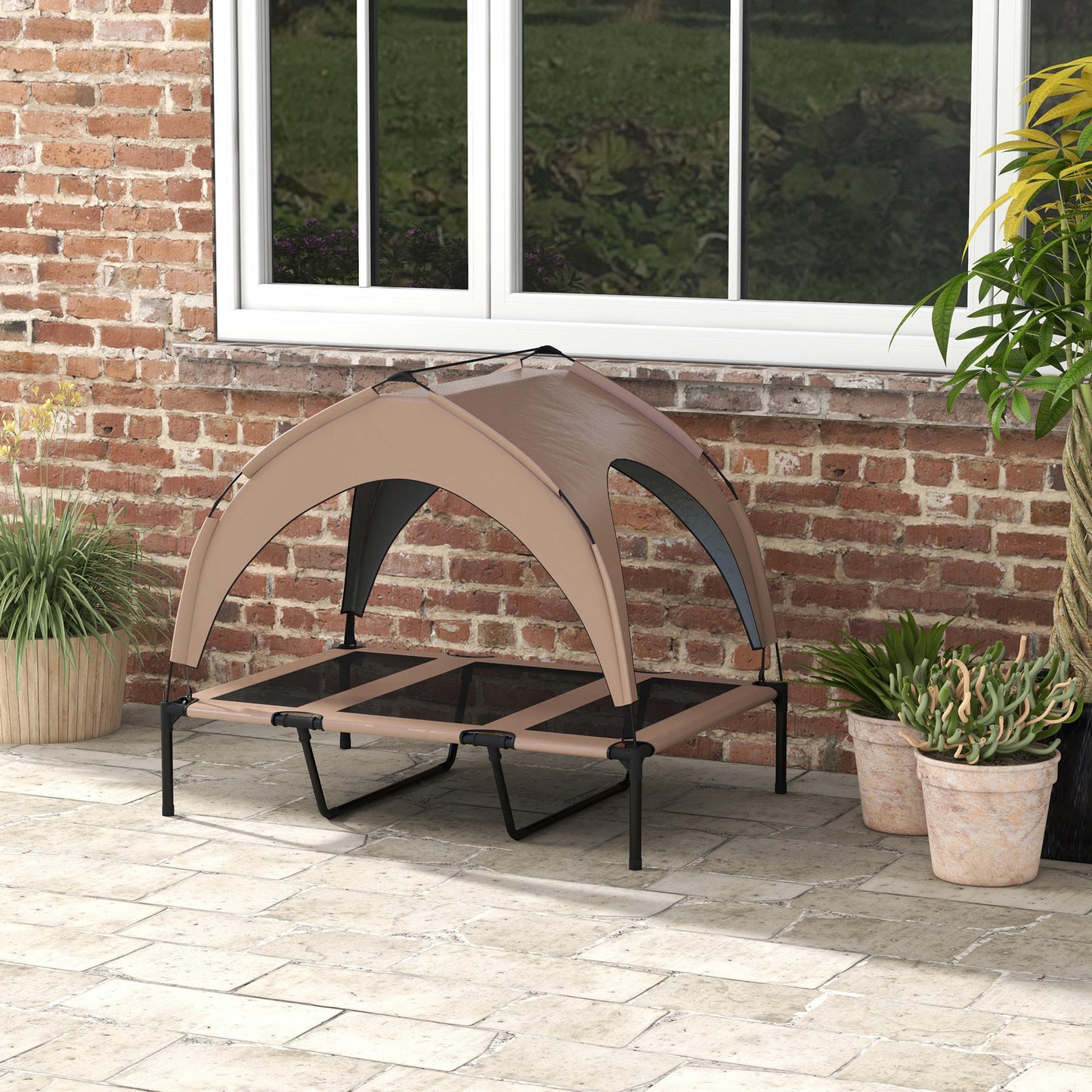 Pawhut Cama Para Perros Elevada Con Toldo Bolsa De Transporte 106x76x94 Cm Café_1