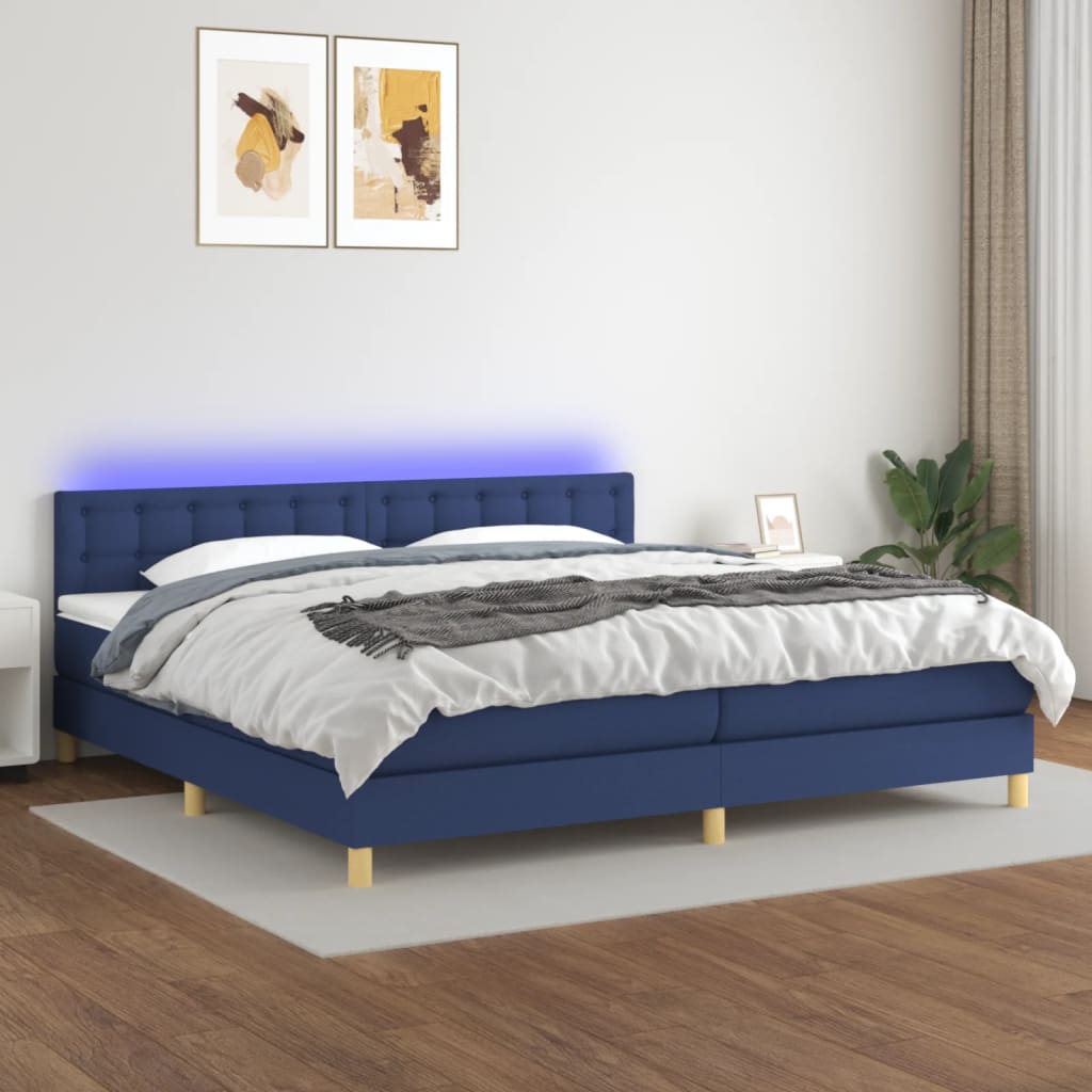 Cama Box Spring Con Colchón Y Led Tela Azul 200x200 Cm / Vetonek_2