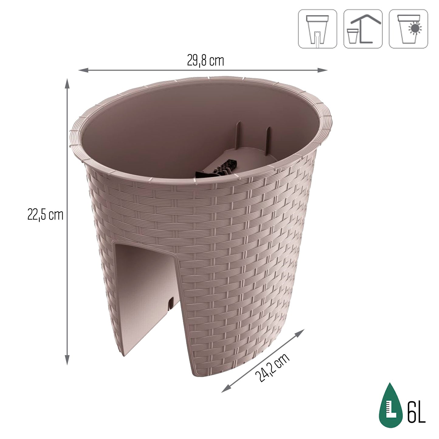 Maceta Ratolla Oval 6l., Dimensiones (mm) 298x242x225, Color Mocca_2
