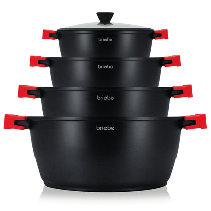 Briebe Batería Cocina Inducción Antiadherente Titanio, 8 Piezas Aluminio Fundido 4 Ollas Sin Pfoa Tapa, Blackt4, Negro_0