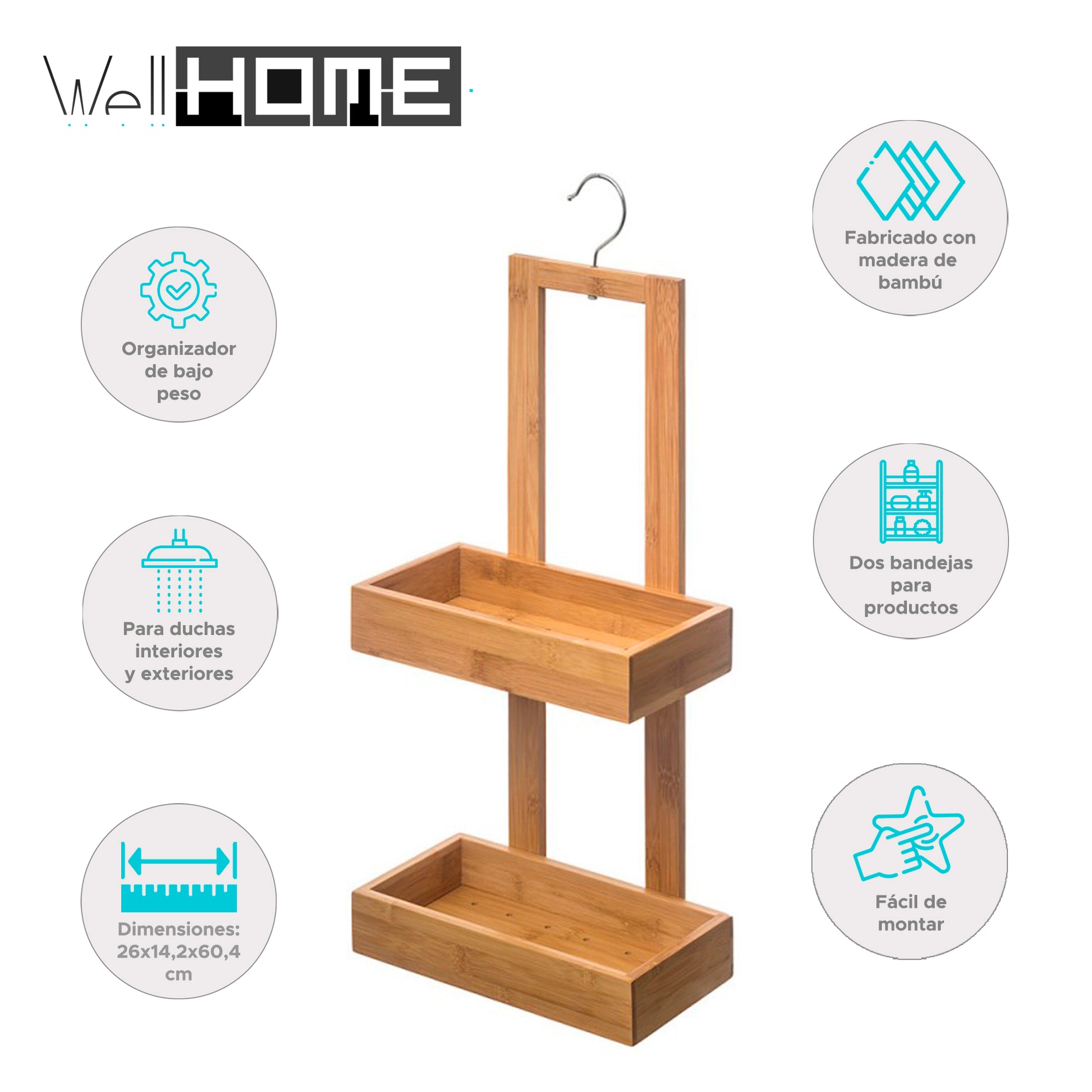 Wellhome - Organizador Con 2 Bandejas De Ducha Bambú