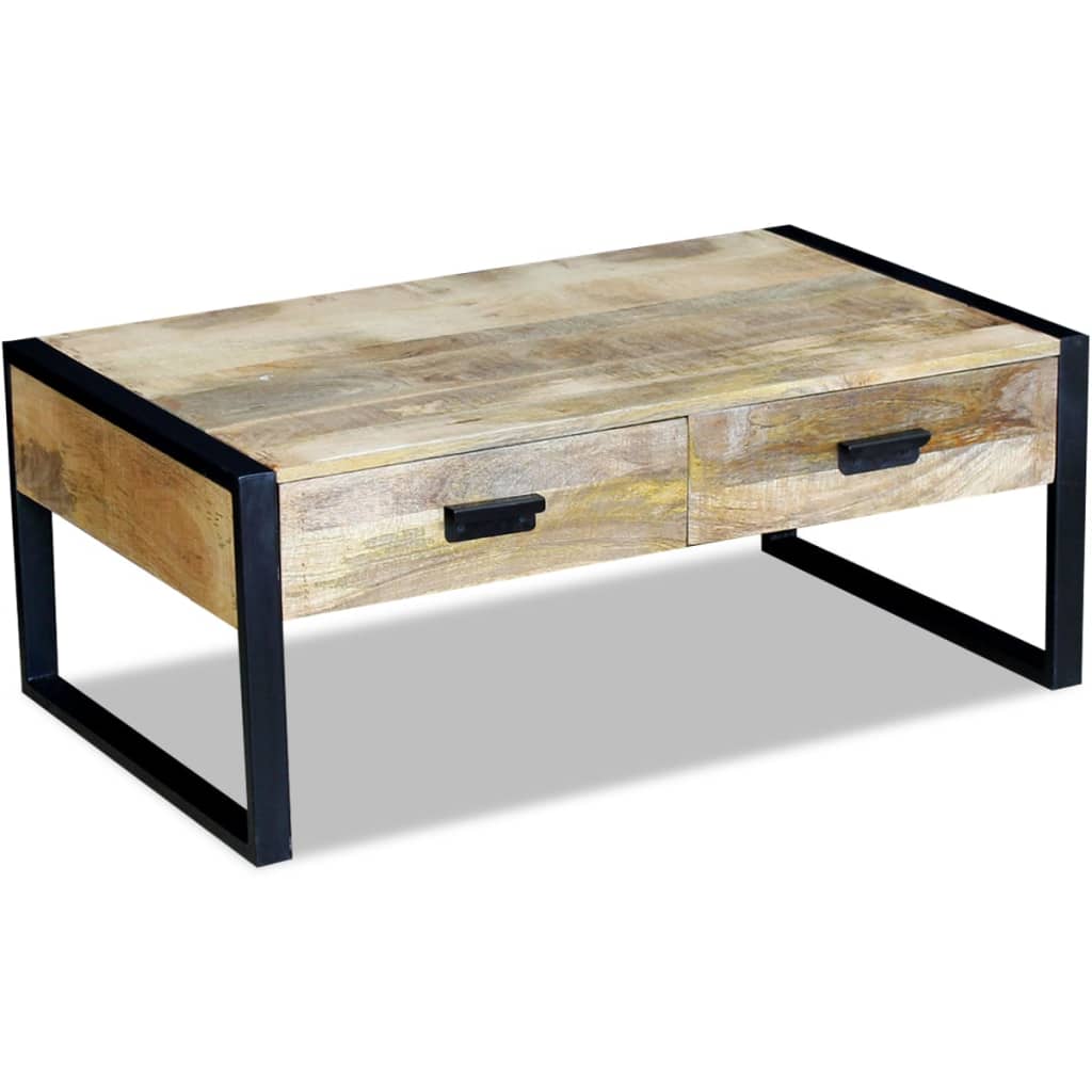 Mesa De Centro Con 2 Cajones Madera Maciza Mango 100x60x40 Cm_2