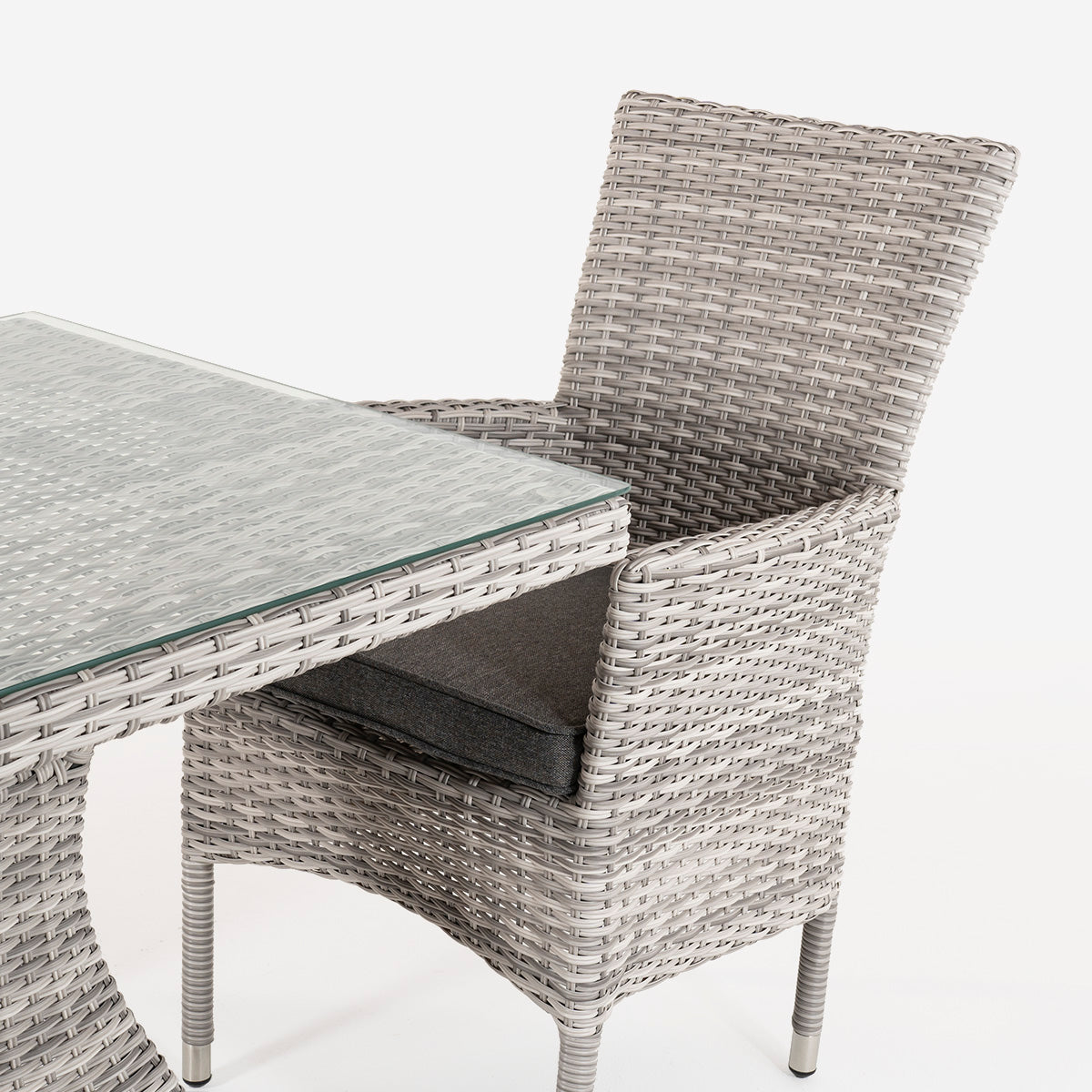 Conjunto Muebles Jardín, Mesa Cuadrada 70 Cm Y 2 Sillones Apilables, Aluminio Y Rattán Sintético Plano Color Gris, 2 Plazas, Cristal Templado 5 Mm_3