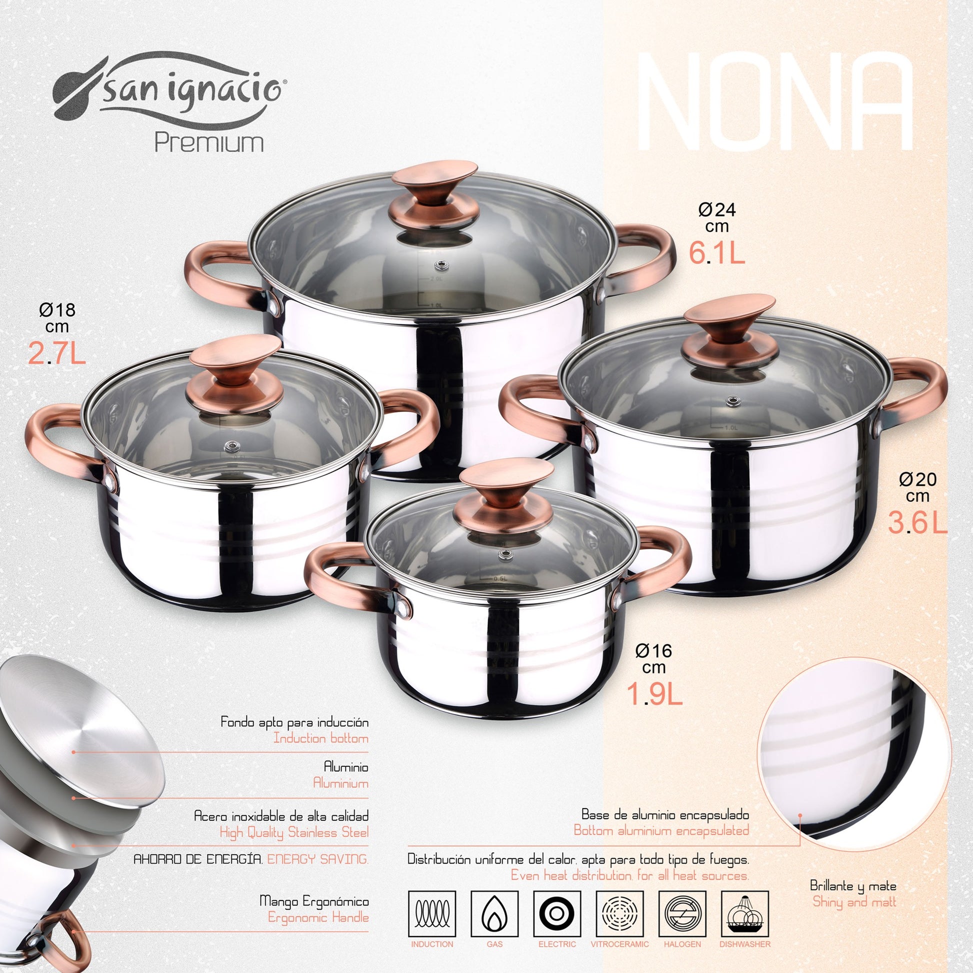 Batería de Cocina San Ignacio Premium Nona 8 Pzas Acero Inoxidable con Sartenes (18/22 cm) y Grill 28x28 cm_2