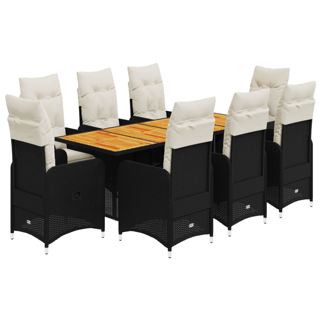 Set De Mesa Y Sillas De Jardín 9 Pzas Y Cojines Ratán Pe Negro / Vetonek_2