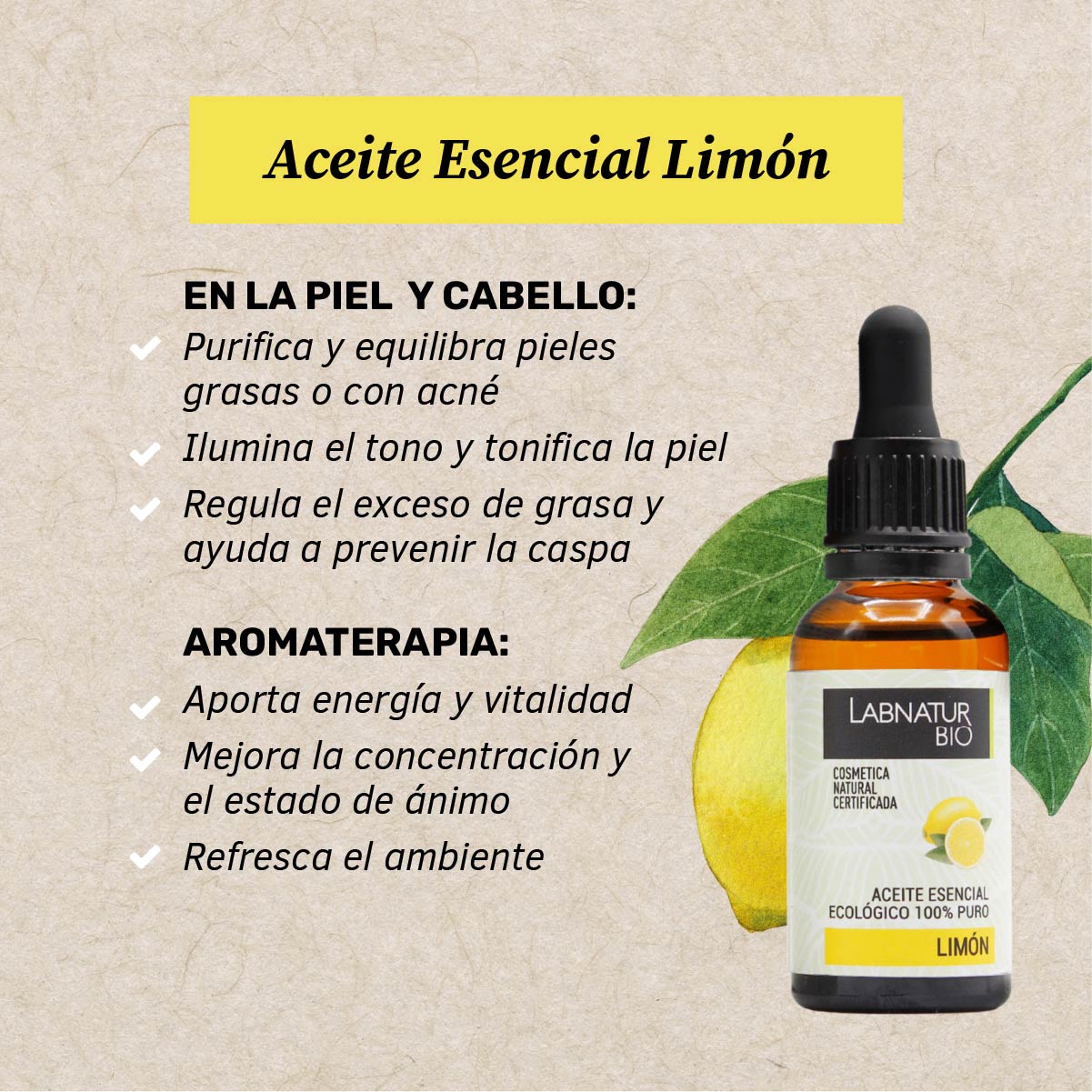 Aceite Esencial de Limón 100% Puro Labnatur Bio 30 ml | Piel Grasa, Cabello y Difusor | Purificante | Vegano_1