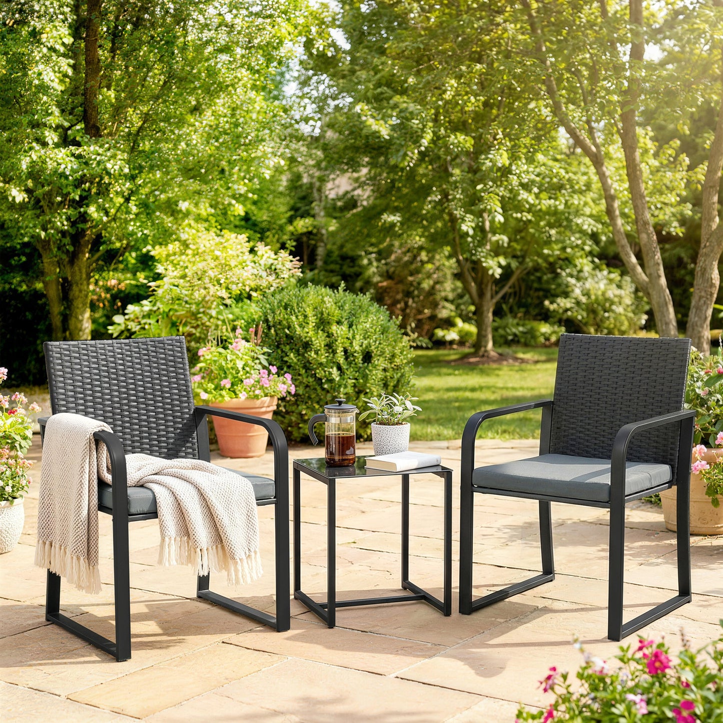 Outsunny Muebles De Jardín De Ratán Con 2 Sillas Con Cojines Y Mesa De Vidrio_1
