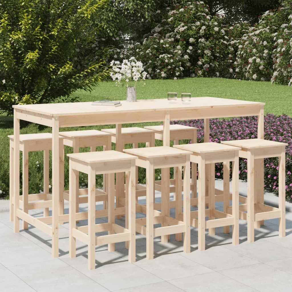 Vidaxl Mesa Y Taburetes Altos Jardín 9 Piezas Madera Maciza De Pino_1