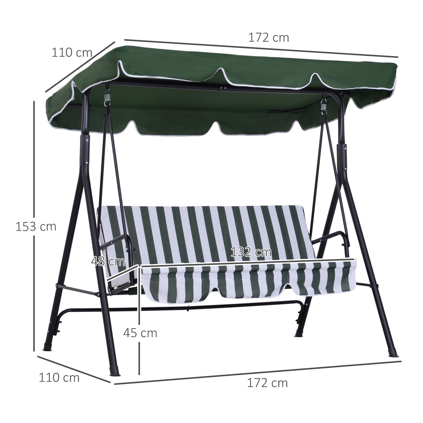 Outsunny Columpio De Jardín De 3 Plazas Con Techo Ajustable 172x110x153cm Verde_2