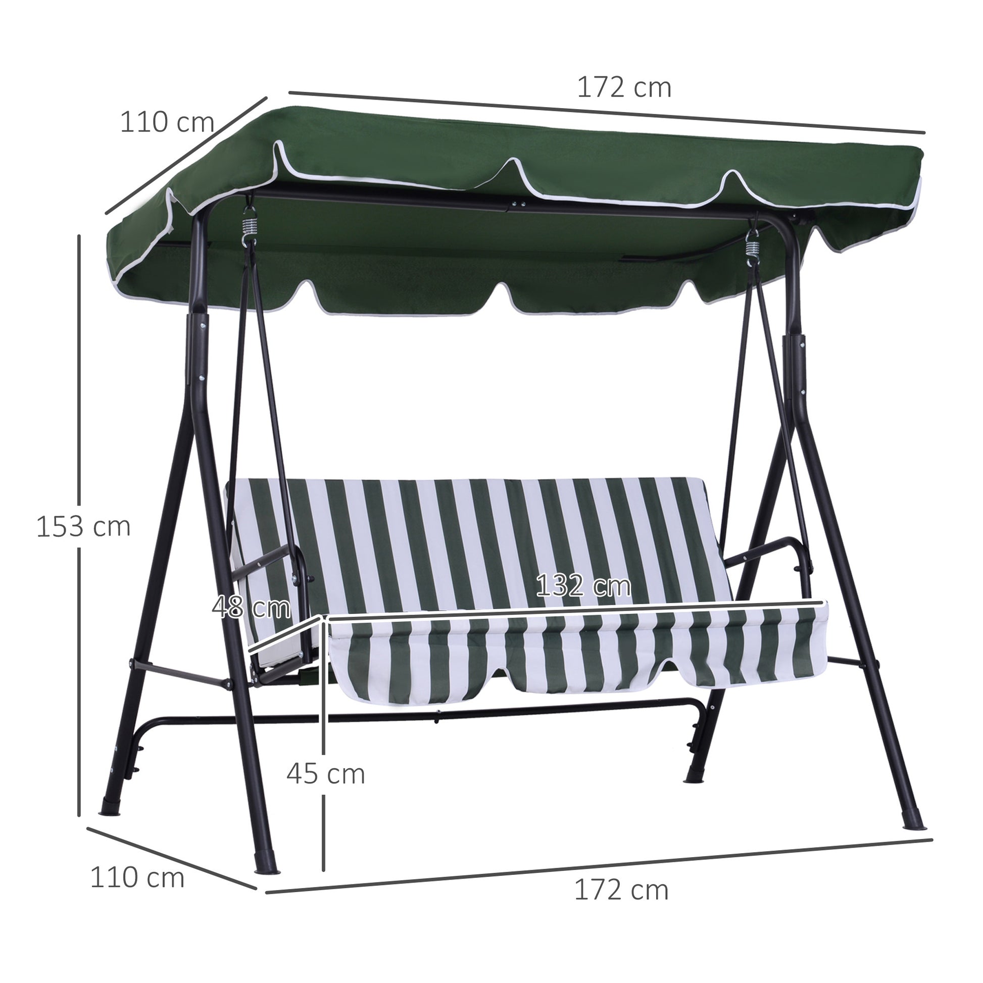 Outsunny Columpio De Jardín De 3 Plazas Con Techo Ajustable 172x110x153cm Verde_2