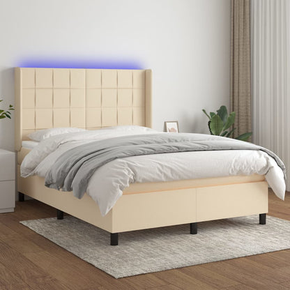 Cama Box Spring Colchón Y Luces Led Tela Crema 140x200 Cm / Vetonek_3