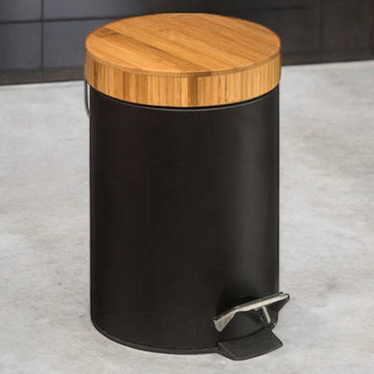 Well Home Cubo Pedal 3l En Metal Y Bamboo Color Negro Ø25,5cm