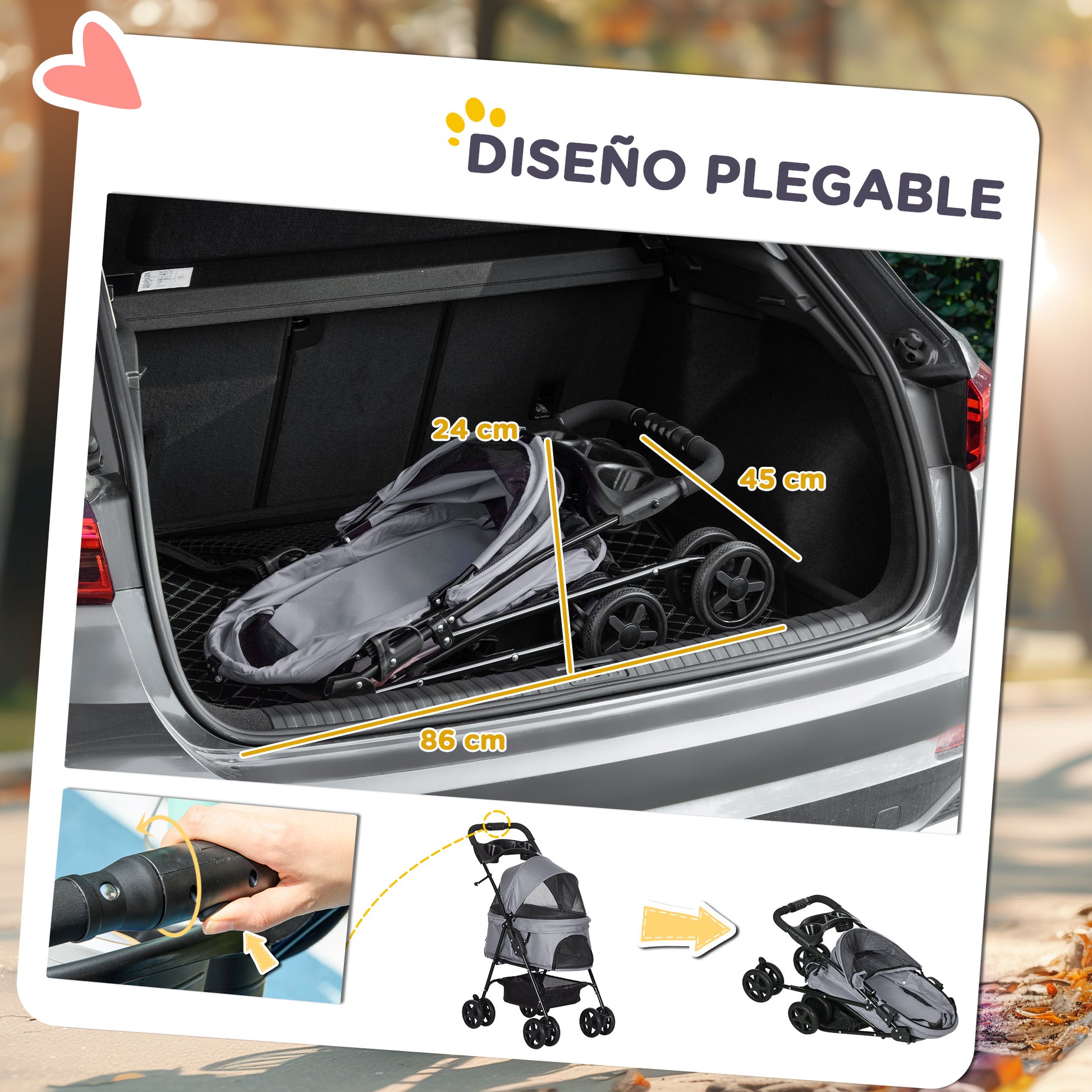 Pawhut Cochecito Para Perros Plegable Con Ruedas Universales 67x45x96 Cm Gris_4