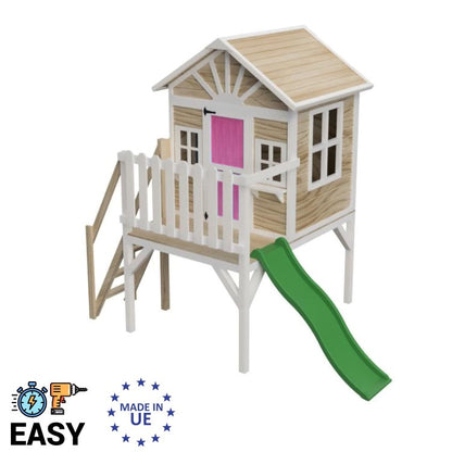 Casita Infantil De Madera Por Paneles Masgames Visby Elevada 90 Cm Rosa.