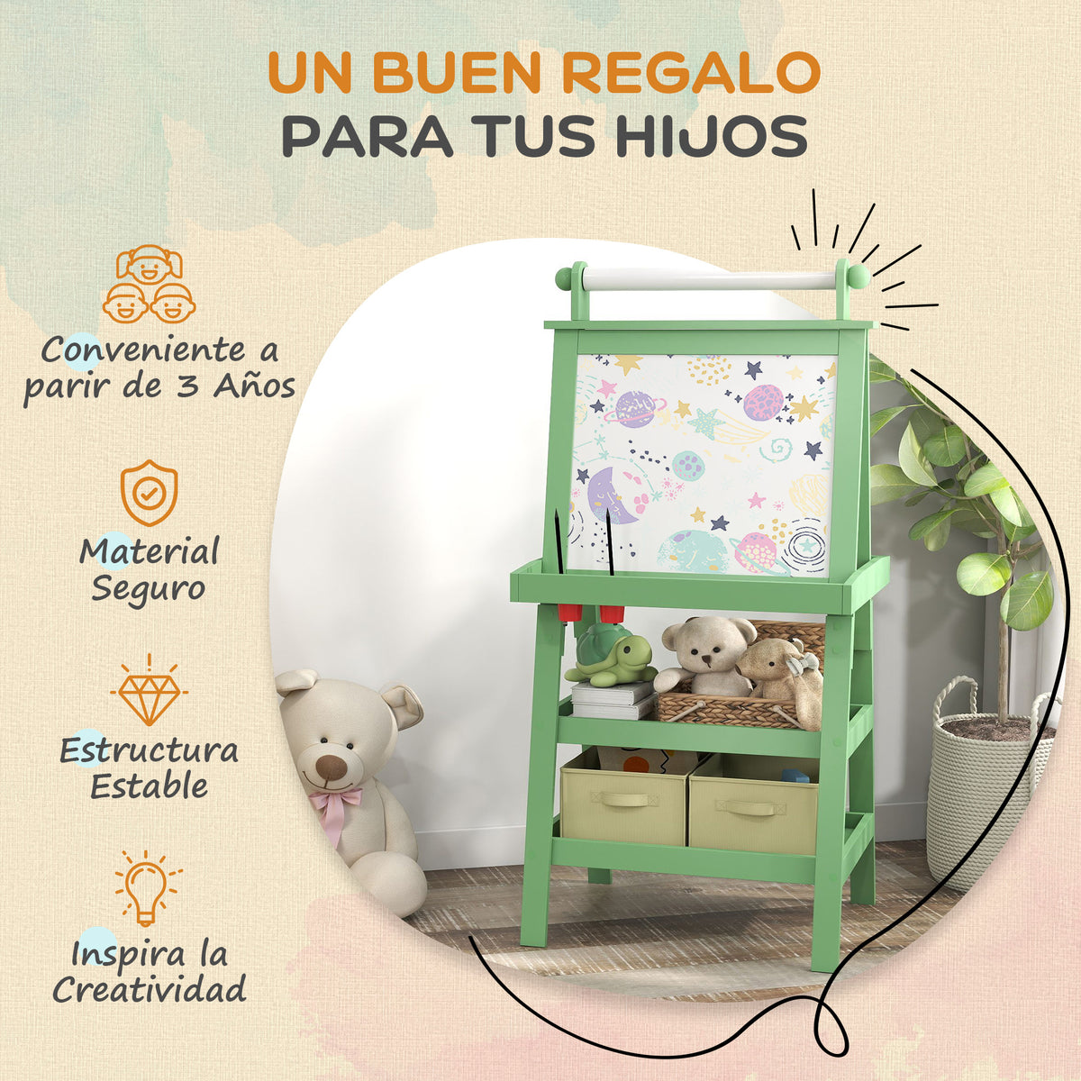 Aiyaplay Pizarra Infantil Caballete 3 En 1 Con Rollo De Papel Y Cestas Verde_5