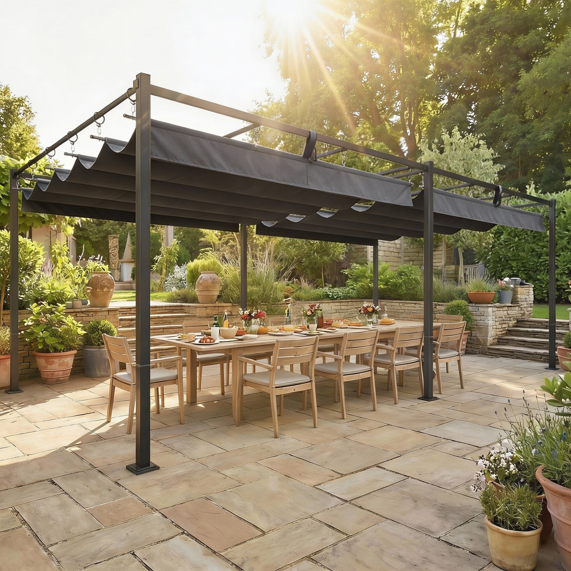 Outsunny Pérgola De Jardín 6x3 M Con Techo Retráctil Upf50+ Drenaje Gris Oscuro_1