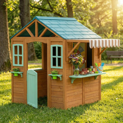 Aiyaplay Casita Infantil Exterior De Madera Con Barra De Snack Maceteros Pizarra_1