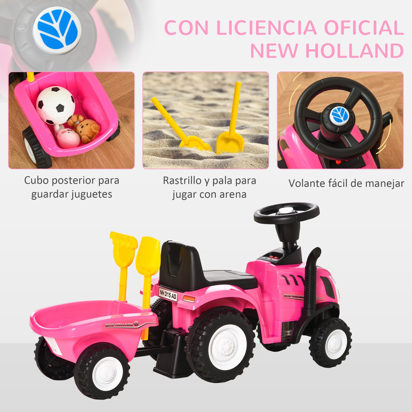Homcom Tractor Con Remolque Para Niños 12-36 Meses Con Faros Pala Y Rastrillo_4