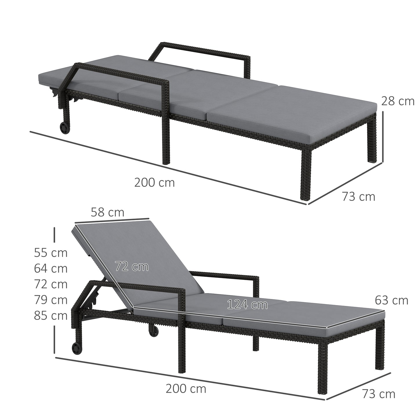 Outsunny Tumbona De Ratán Con Respaldo Ajustable 73x200x48cm Gris Claro Y Negro_2