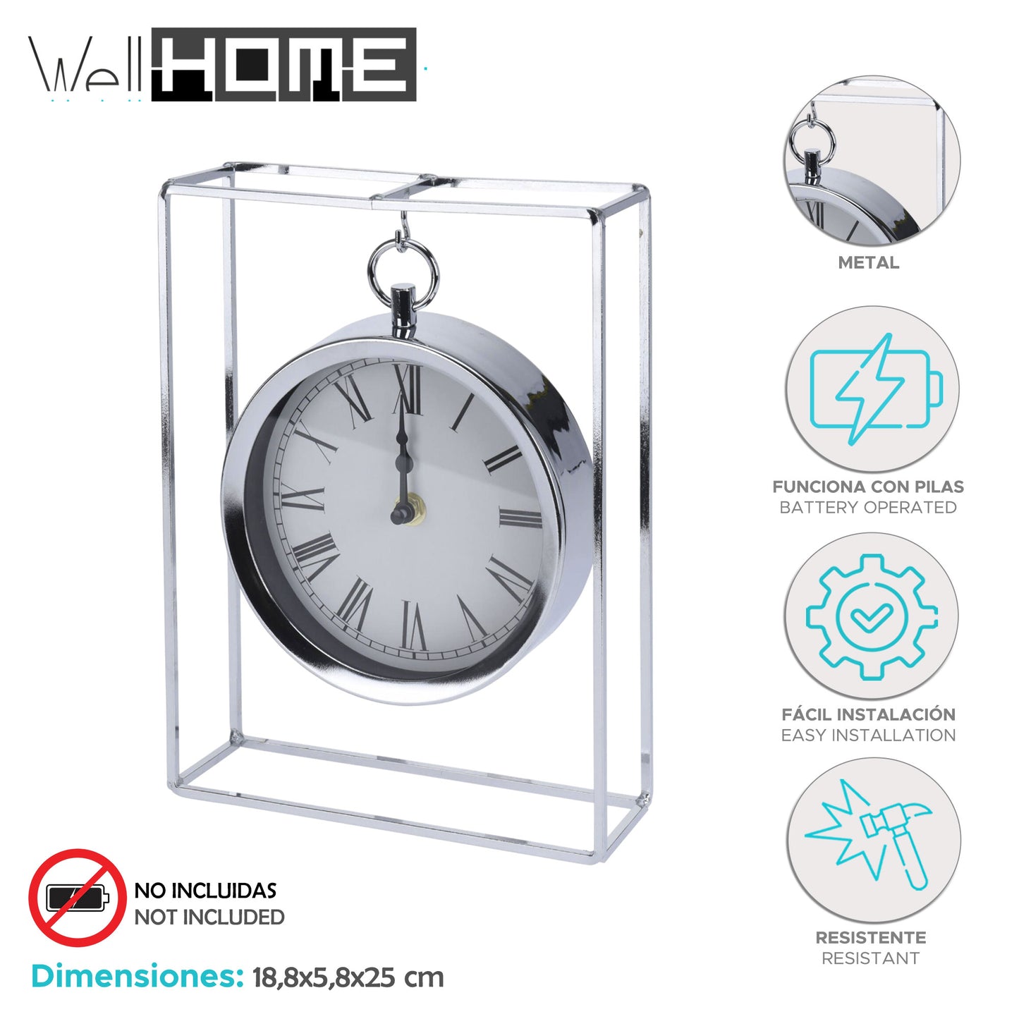 Well Home Reloj Modelo Colgado En Metal Plateado 18,8x5,8x25cm