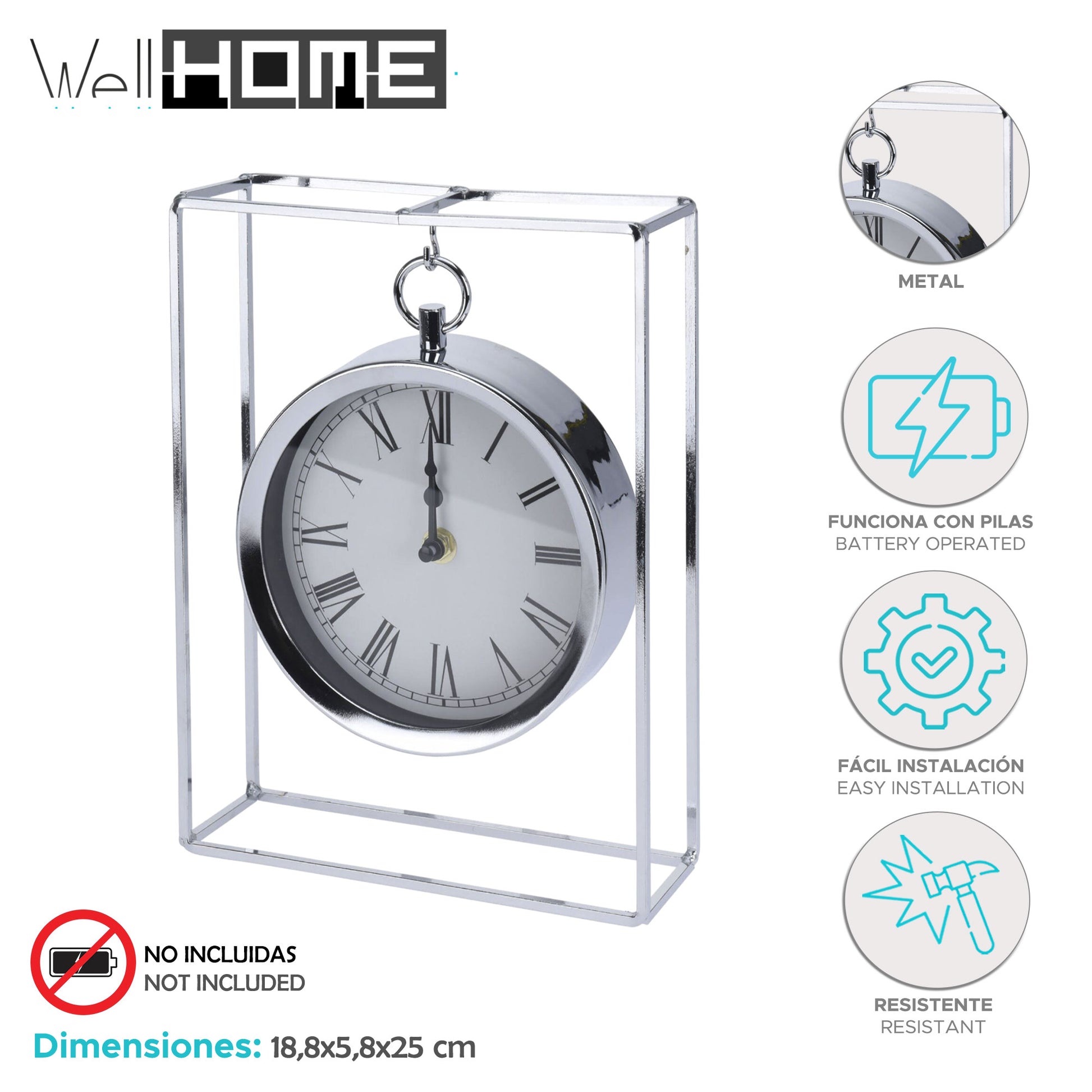 Well Home Reloj Modelo Colgado En Metal Plateado 18,8x5,8x25cm